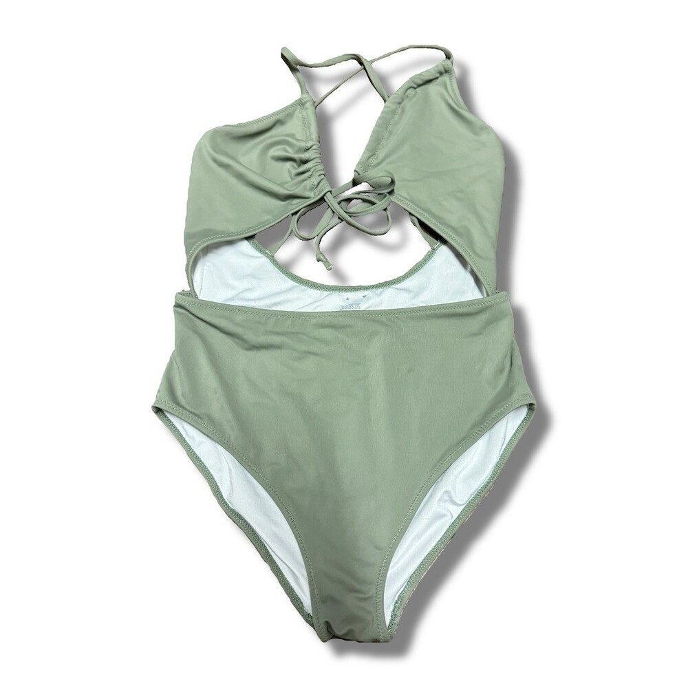 PINK One-Piece Monokini Swimsuit Womens S Sage Green Halter Tie Front